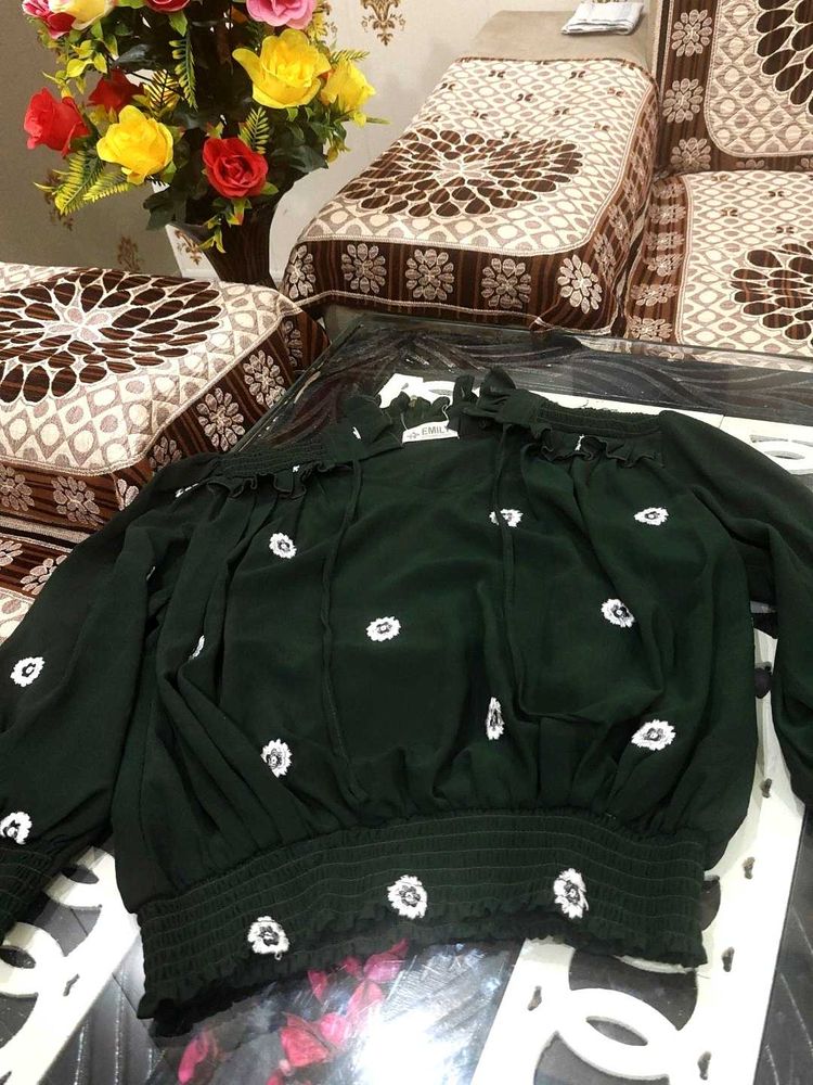 A Line Baloon Sleeve Top With Flowers Embroidery