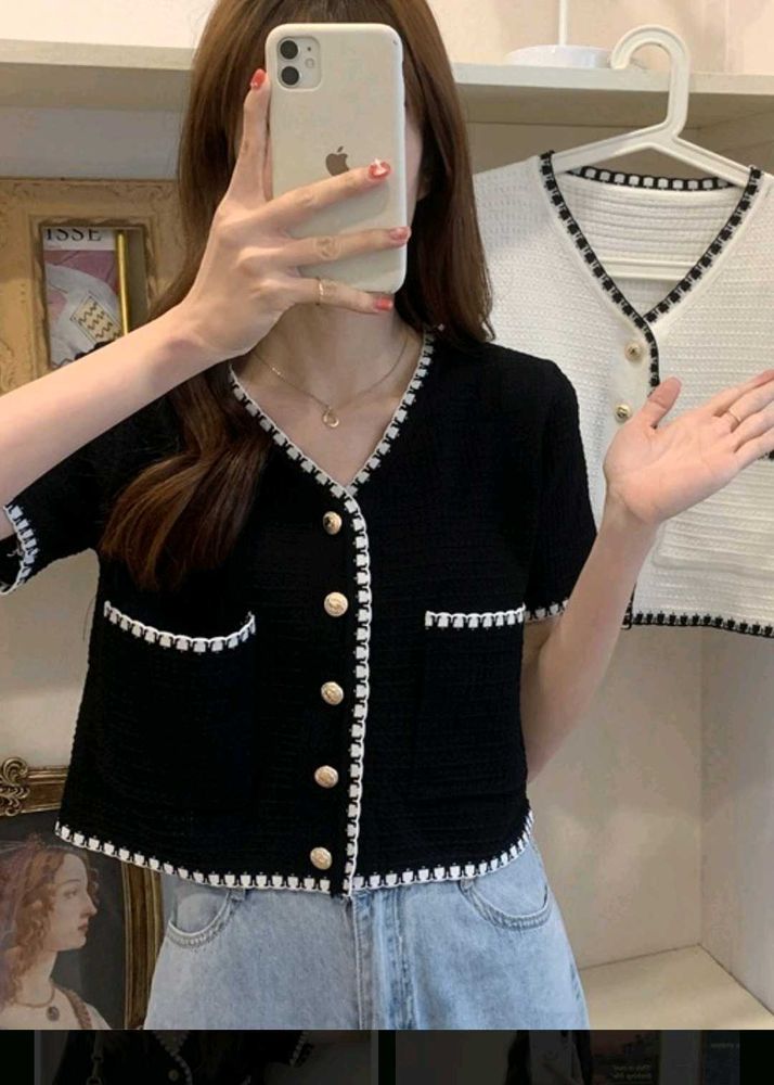 Black Tweed Cropped Cardigan Korean Look