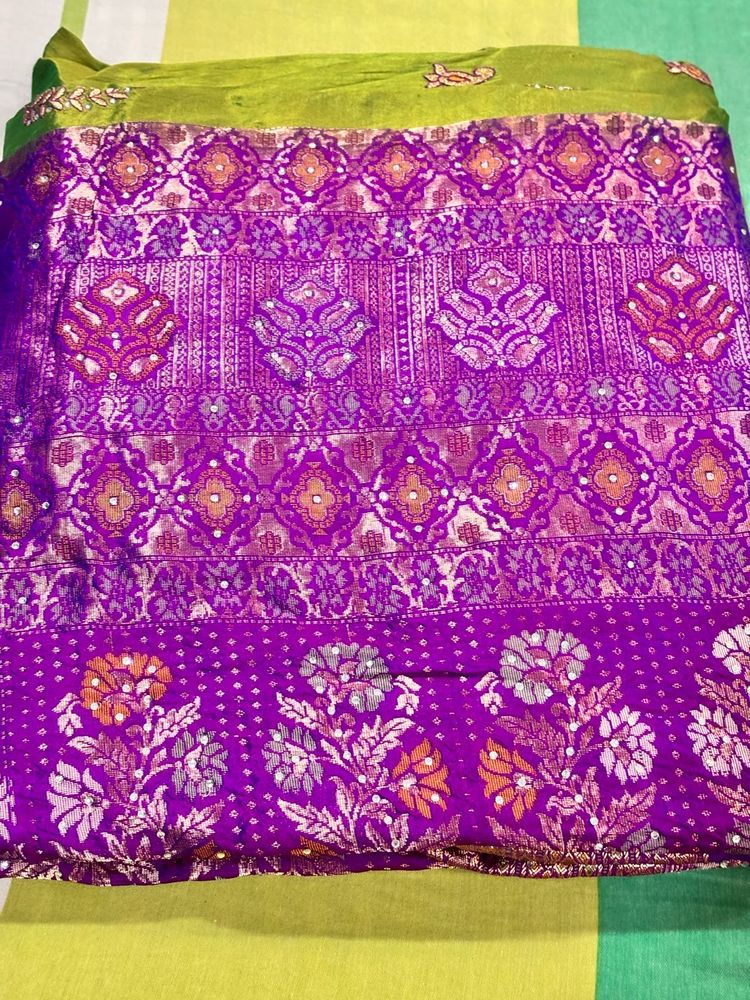 Green Violet  Embroidery Sari With Blouse