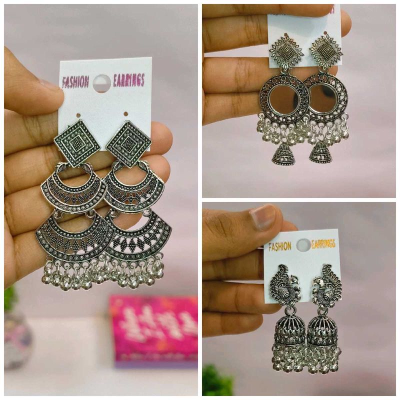 Silver Ethnic Dangle Earring Set - 3 Pairs!