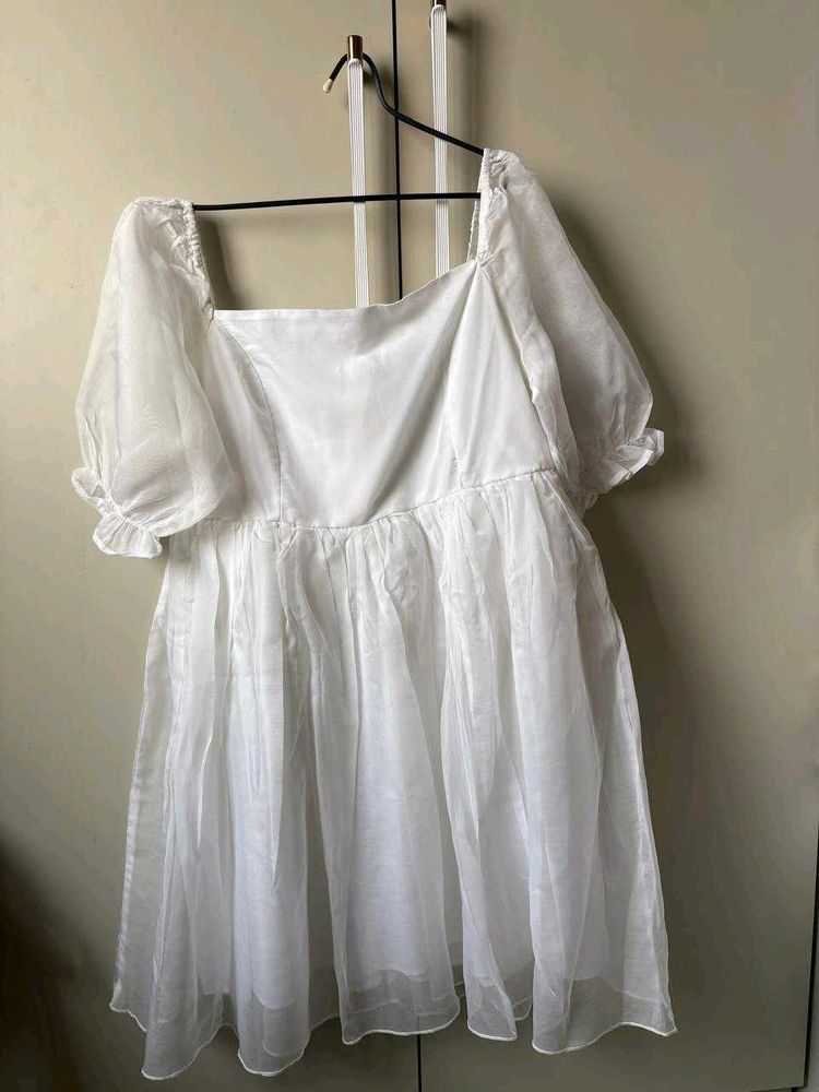 White Sheer Puff Sleeve Dress