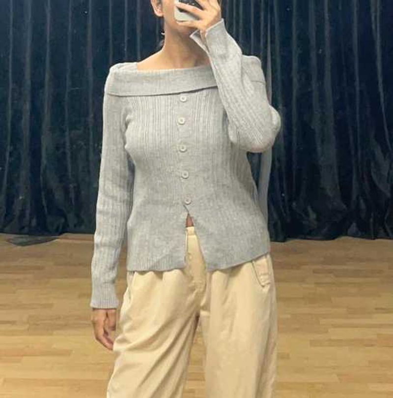 Grey Button-Down Cardigan Top.