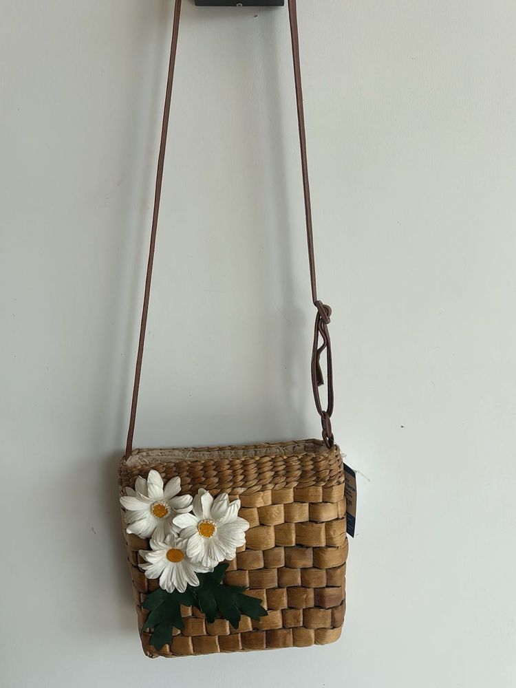 Woven Crossbody Bag with Flowers