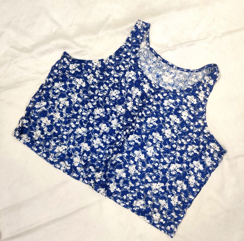 Navy Blue White Floral Sheer Top