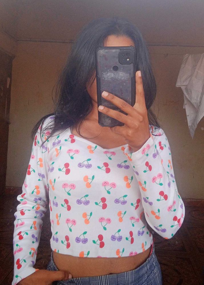 Cherry Print Long Sleeve Crop Top