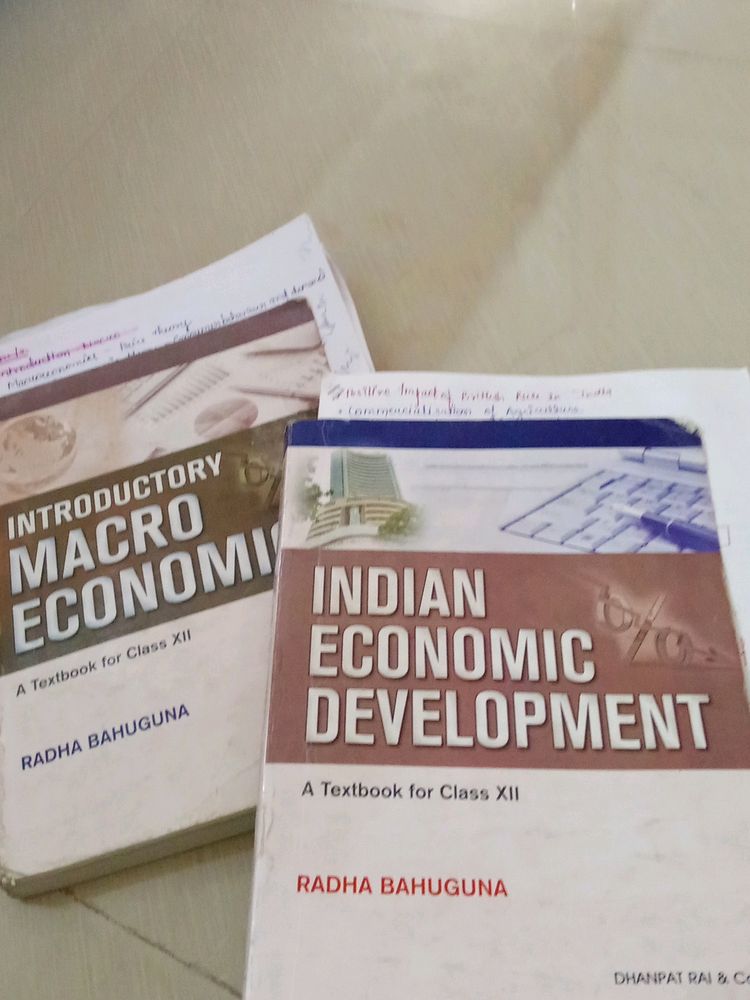 combo of economics class 12 th books indian economic development and intriduction to macroeconomics by radha bahuguna+ free handwritten synopsis