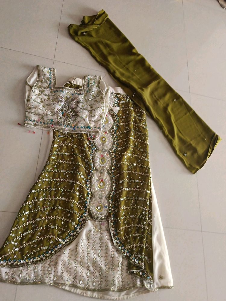 Green Multi Lehenga, Top And Dupatta