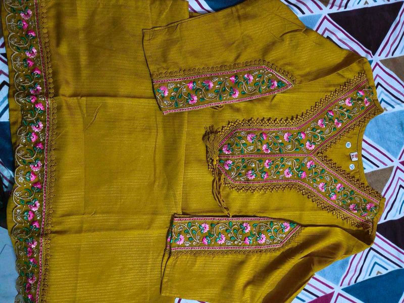 Embroidered Mustard Yellow Kurti