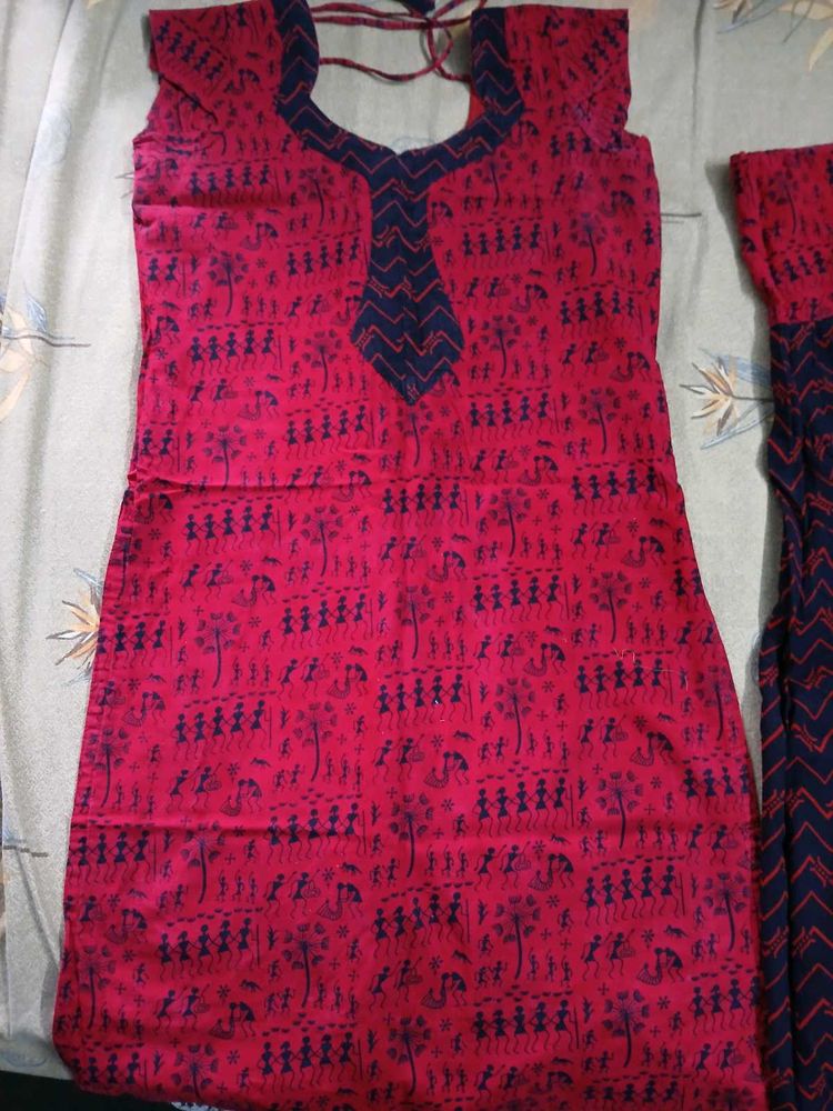 Red Cotton KURTA PATIALA PANT WITH DUPPATTA
