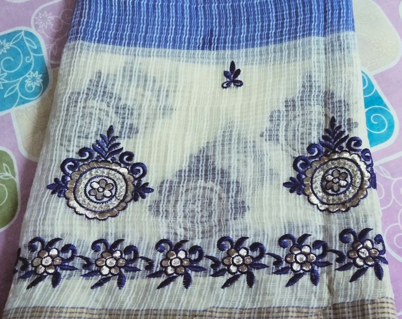 A Blue Handloom Saree With Stitched Blouse Size34