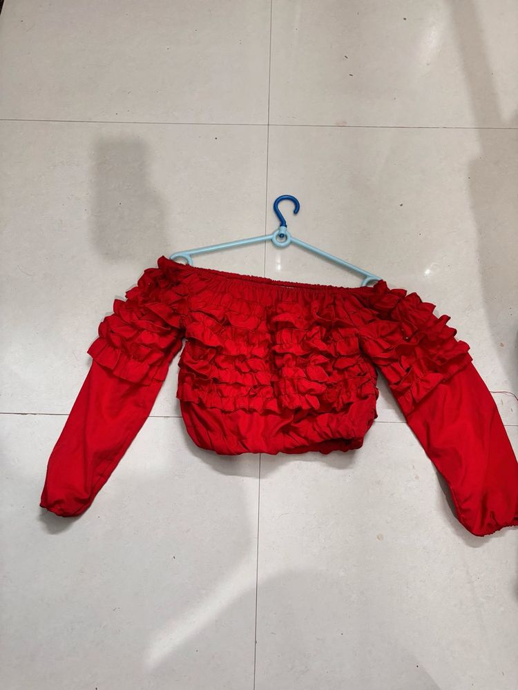 Red Ruffled Off Shoulder Crop Top