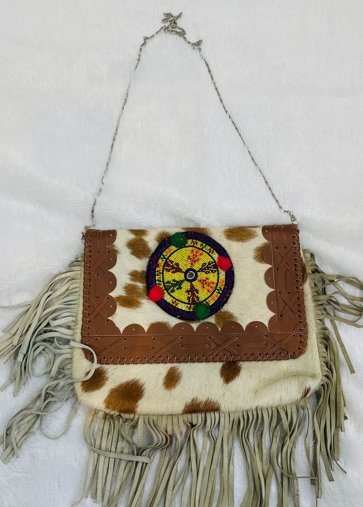 Handcrafted Leather &amp; Cowhide Fringe Sling Bag
