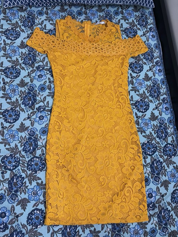 Yellow Lace Cold Shoulder Dress