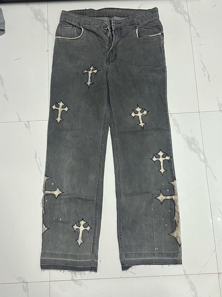 Custom Bleach Painting Baggy Grey Washed Jeans