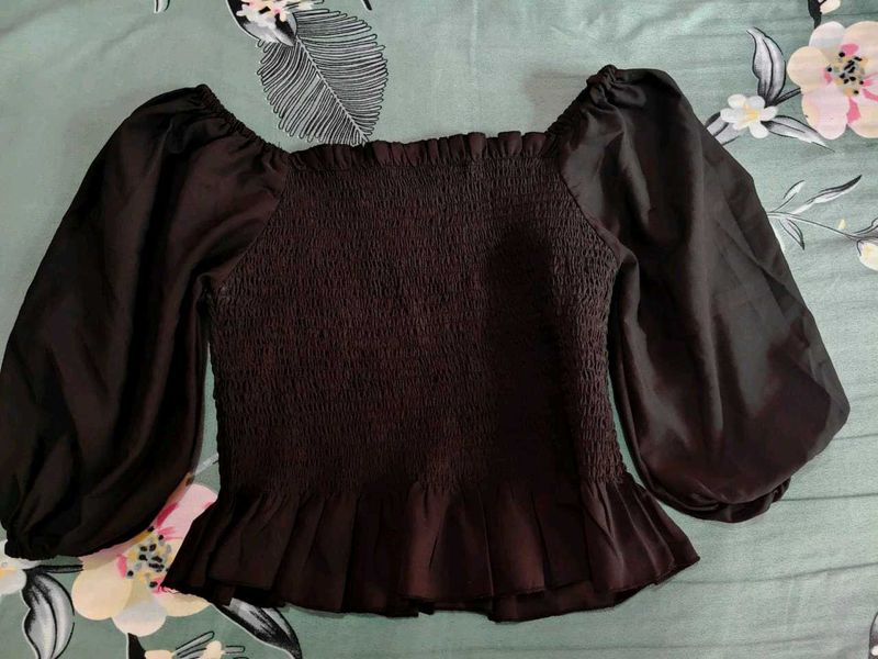 Black Smocked Puff Sleeve Top