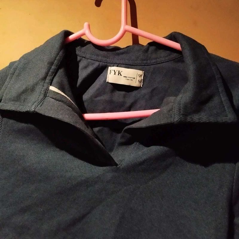 Navy Blue Polo Neck Crop Top