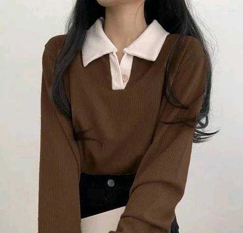 Brown Collared Long Sleeve Top