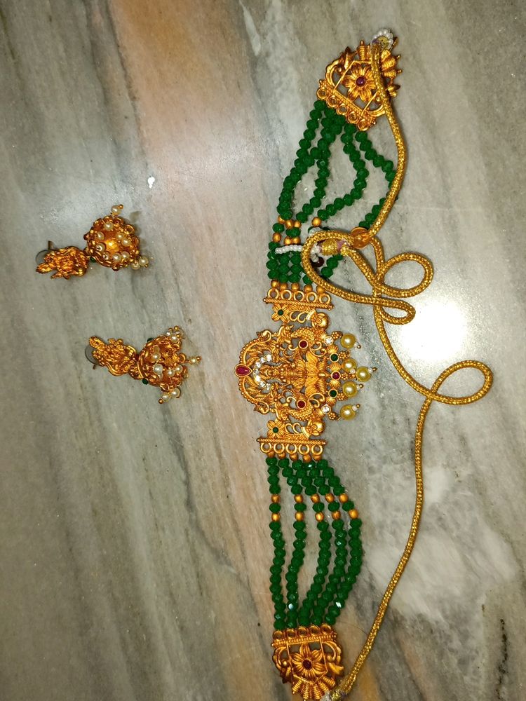 Laxmi Motiv Gold Plated Green Colour Necklace