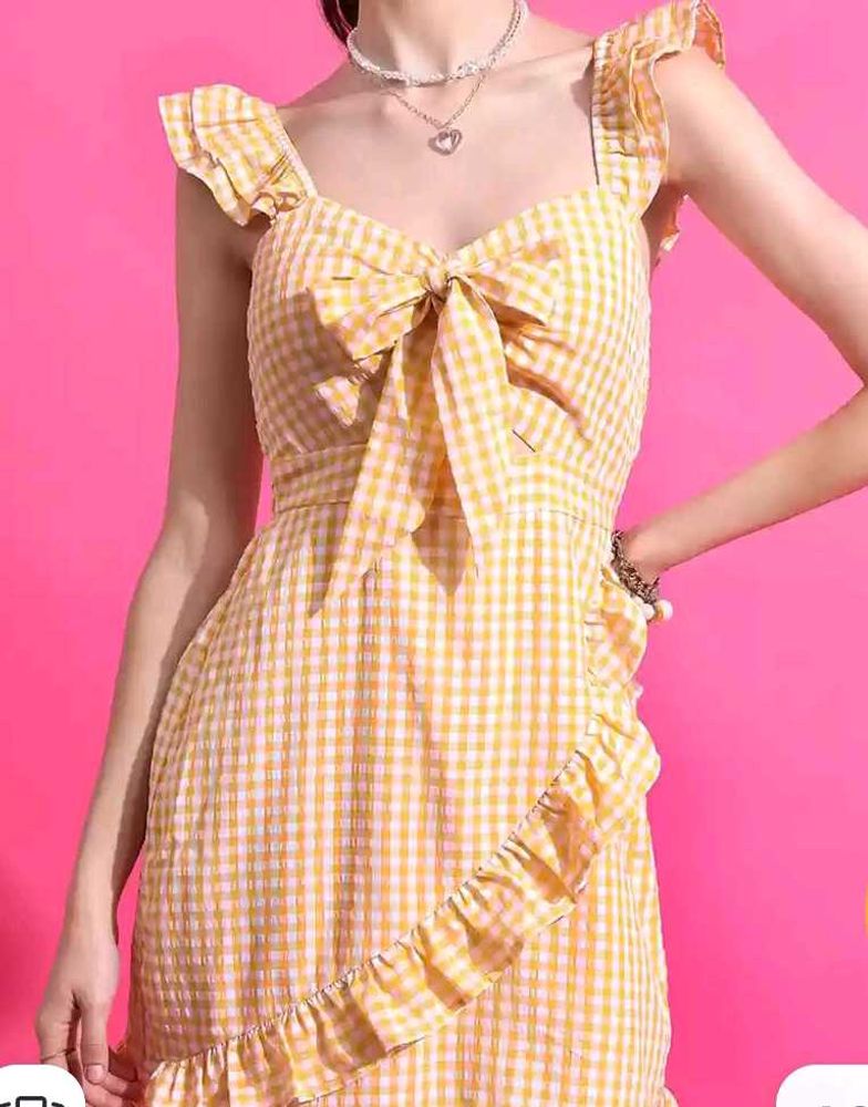 Mustard Checked Cut - Out Smocked Bow Flared Dress