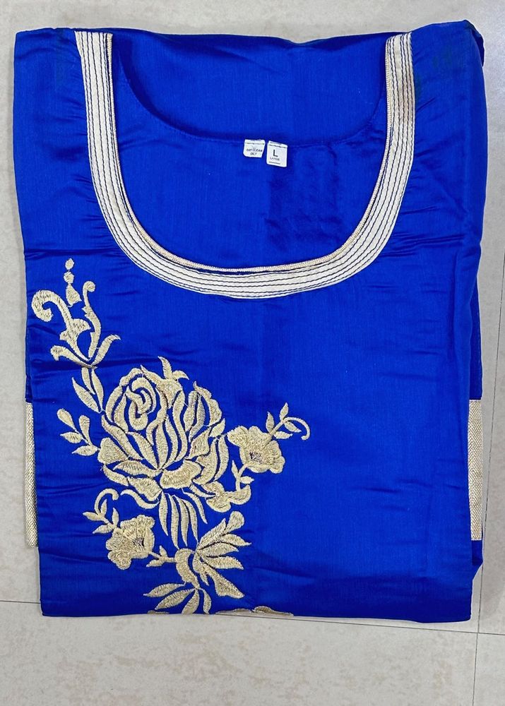 Blue Kurti with Golden Floral Embroidery