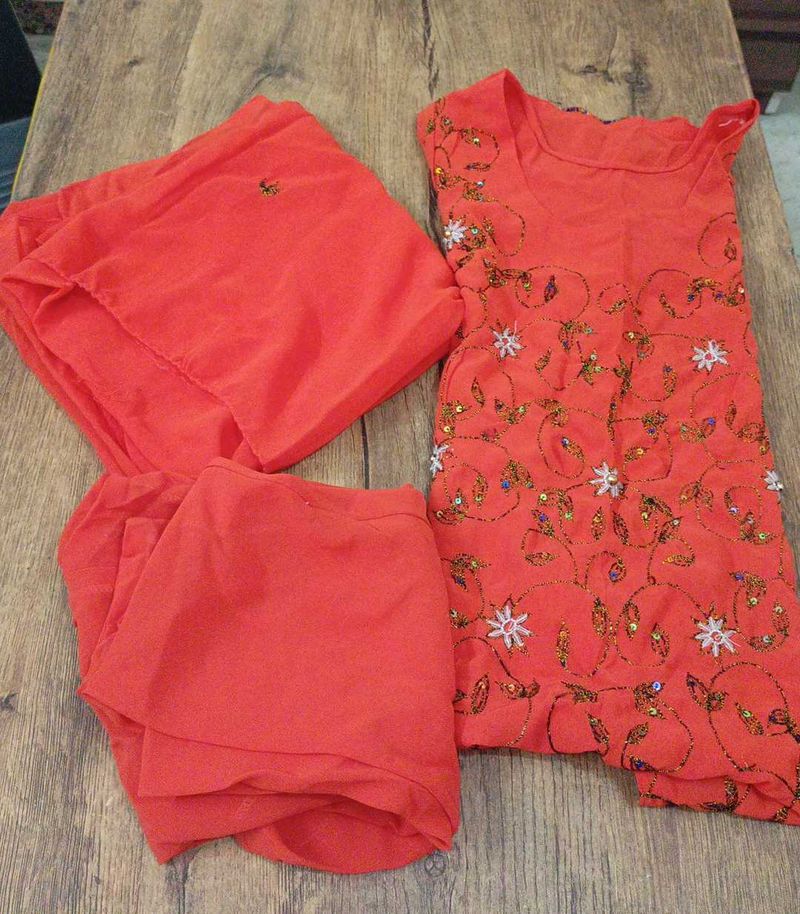Orange Red Embroidered Kurta Set