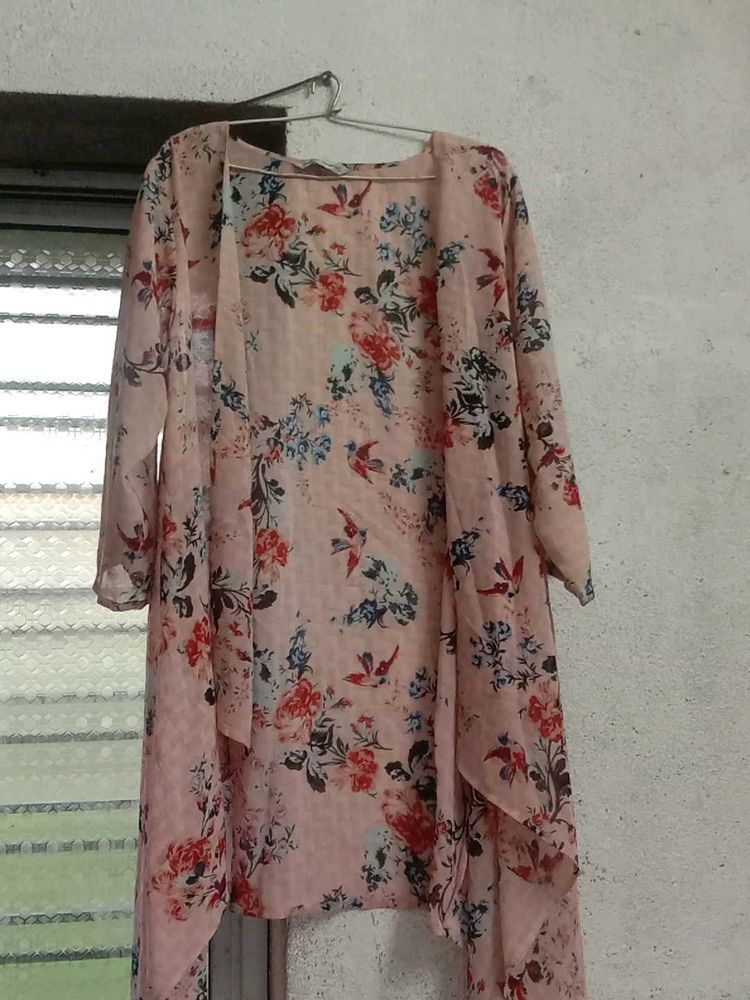 Women Peach Pink Floral Shrug