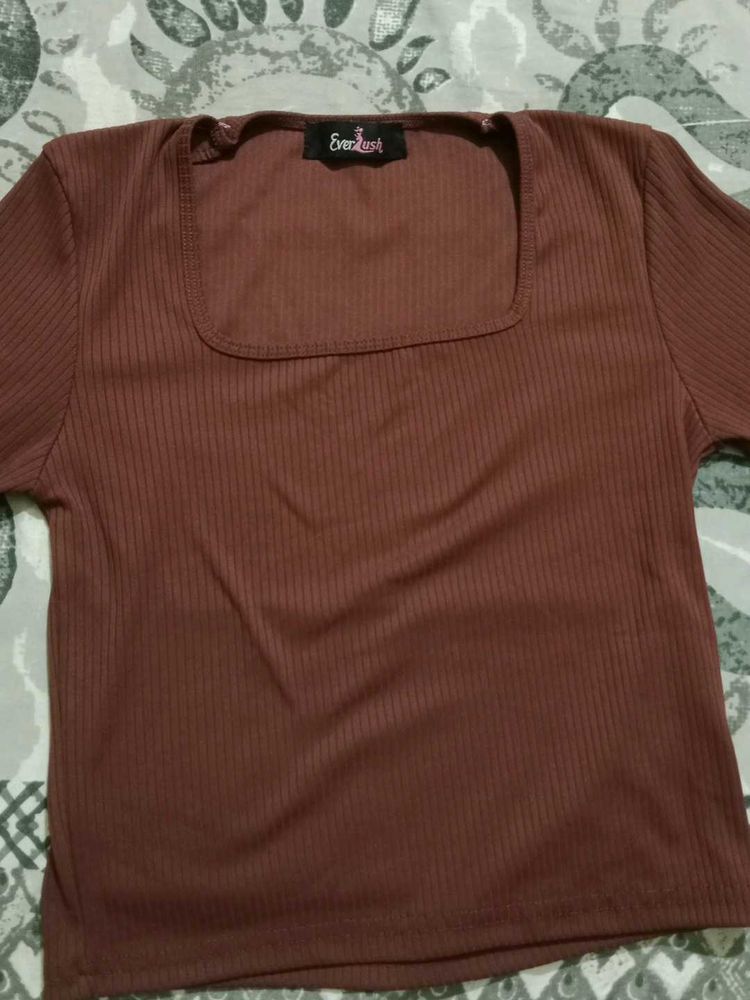 Brown Ribbed Square Neck Top