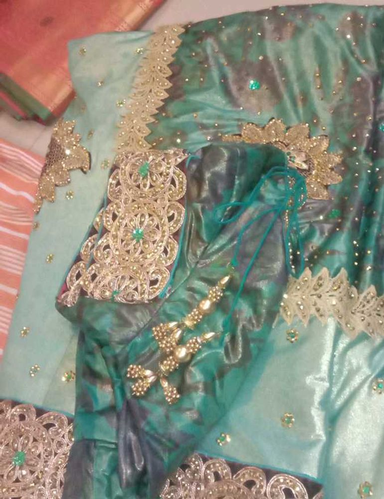 Teal &amp; Gold Embellished Saree