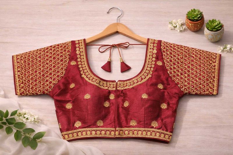 Honey Maroon &amp; Gold Embroidered Blouse