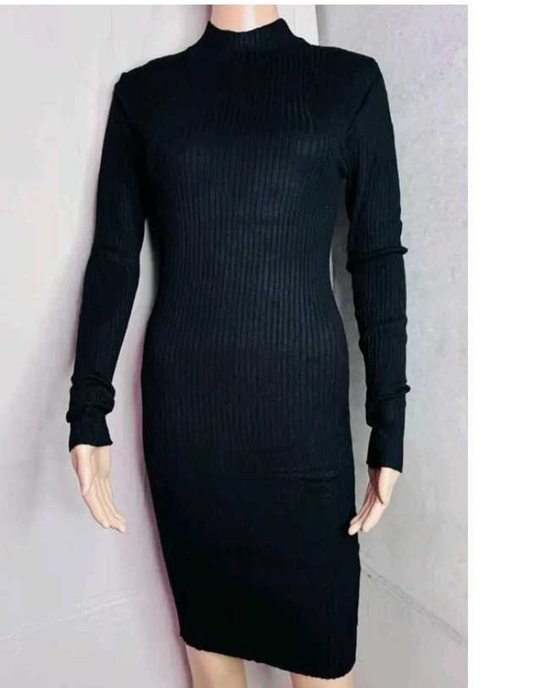 Jet Black Ribbed Sweater Dress