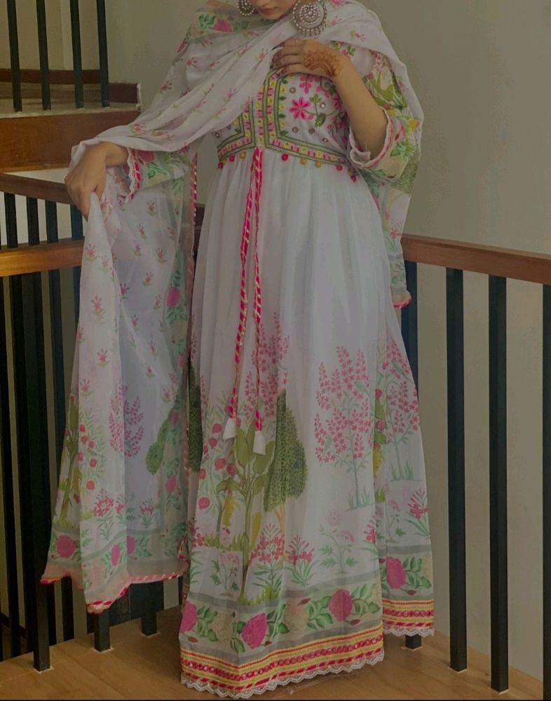White Printed Anarkali Dress With Dupatta And Pant