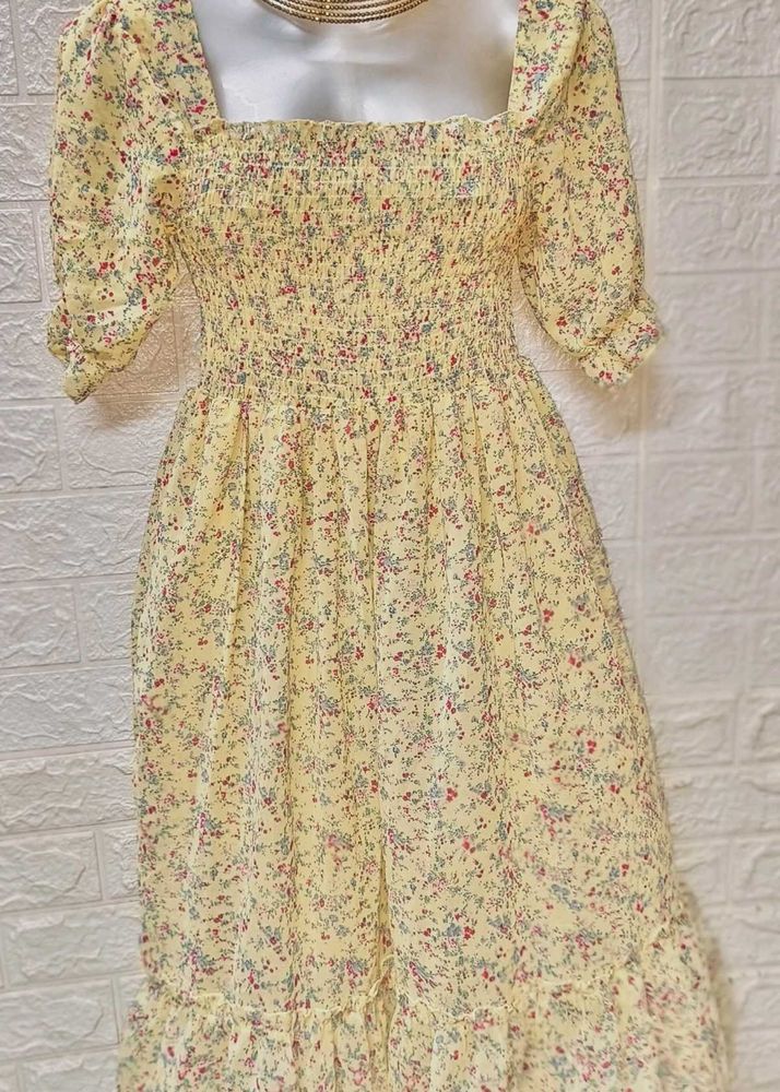 Mini Floral Print Yellow Midi Size Dress