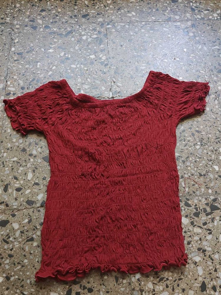 Red Shirred Crop Top