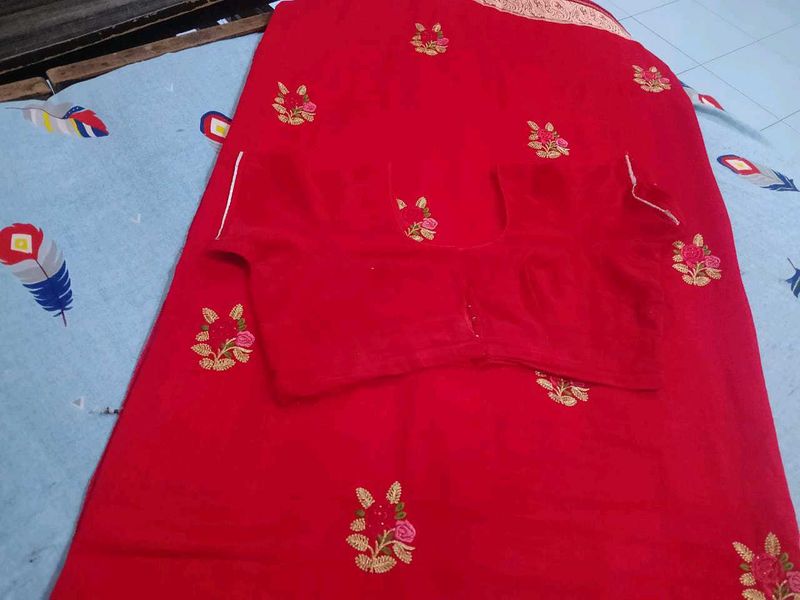Red Worked Saree With Stitched Blouse