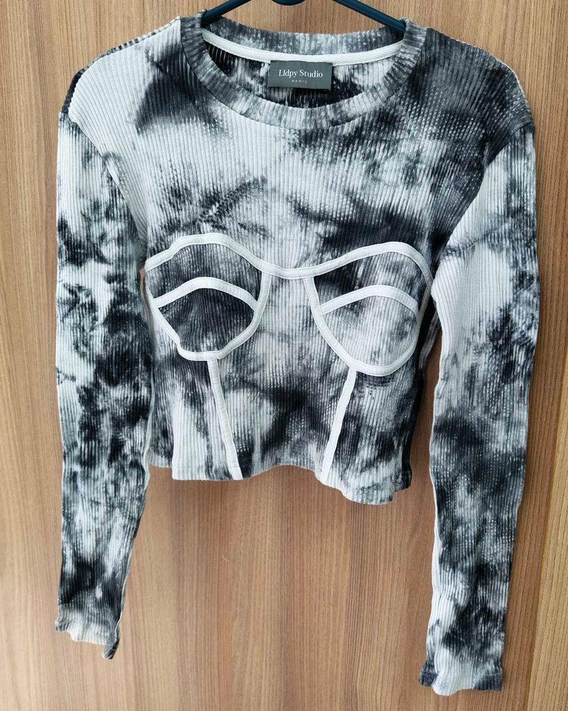 Tie Dye Rib-knit Long Sleeve Bustier Top - Gray