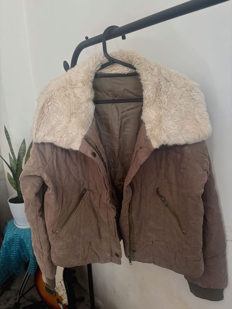 olive fur 21 inch length crop jacket