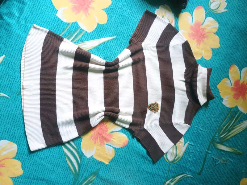 Striped Brown &amp; White Mock Neck Top