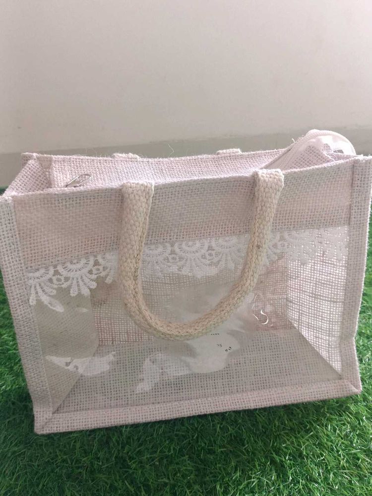 Burlap Tote Bag with Lace Detail