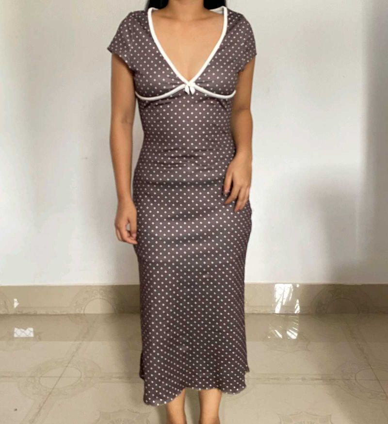 Brown Polka Dot Neck Dress Midi