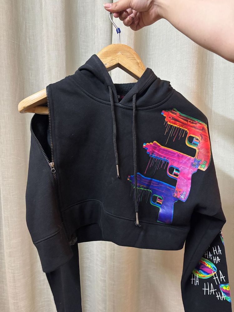 Black Printed Side Zipper Hoodie
