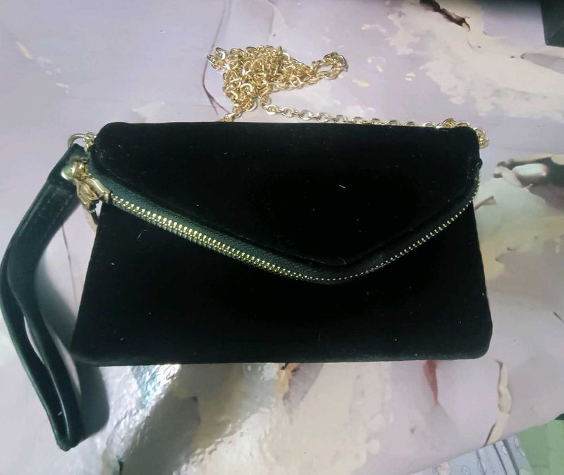 Black Velvet Clutch with Golden Chain