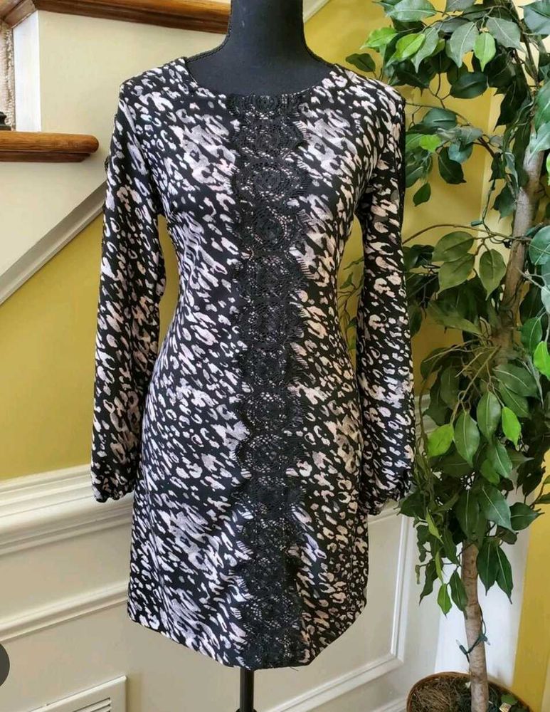 Dress Sheath Leopard Print Lace Black White Pink