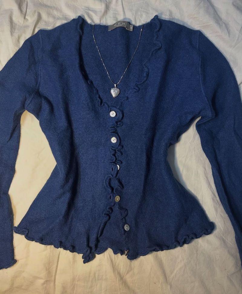 Blue Ruffle Trim Cardigan