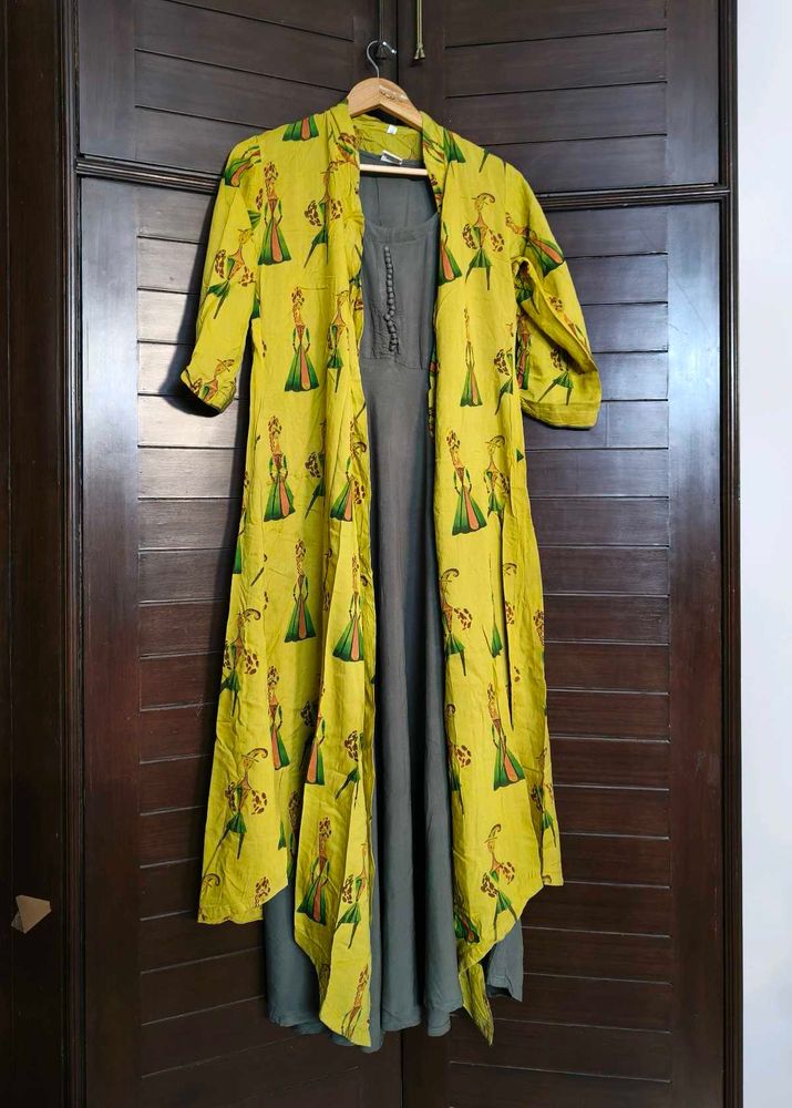 Women Olive Green Kurta With Yellow Printed Shrug