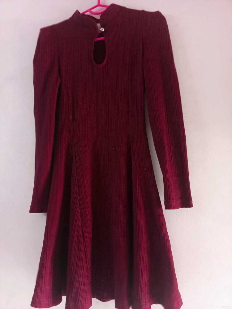 Maroon Mock Neck Long Sleeve Dress