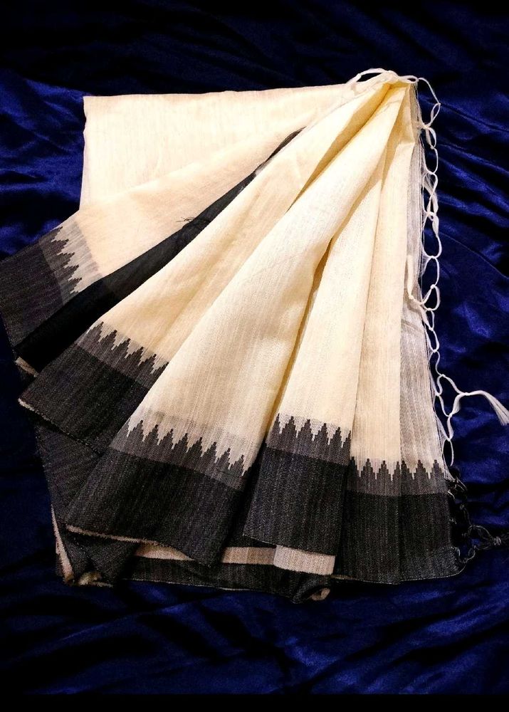 SOLID CREAM WHITE SILK SAREE FOR WOMEN