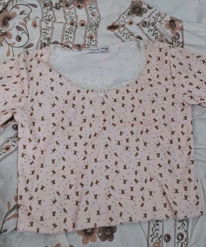 Cute Teddy Printed Crop Top