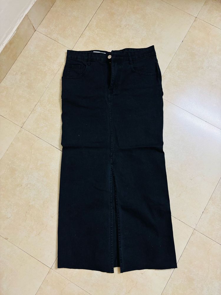 Black Denim Midi Skirt with Slit