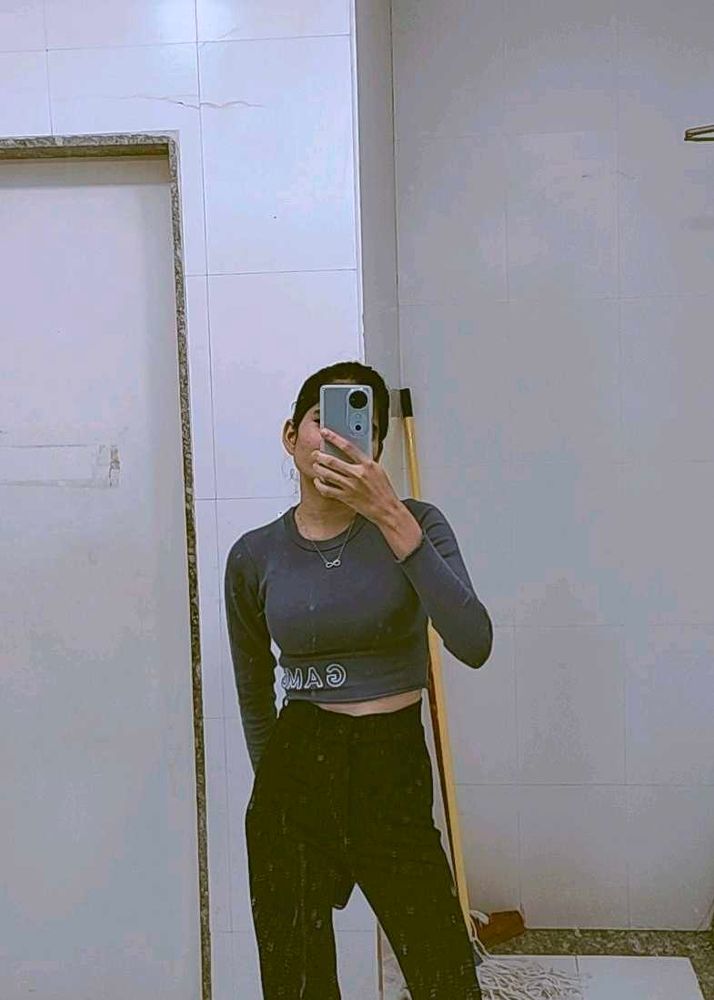 navy blue Long Sleeve Crop Top