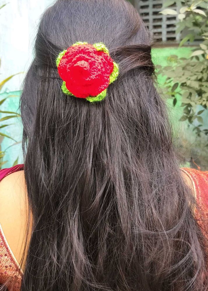 Red Rose Crochet Hair Clip
